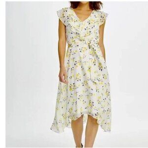 DKNY Ruffle Flutter Sleeve Floral Belted Hi-Lo Midi Dress New
